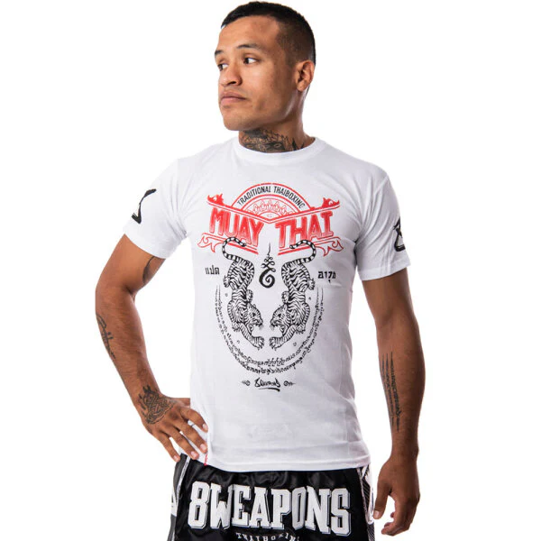 8 Weapons T-Shirt Sak Yant Tigers White - Image 3