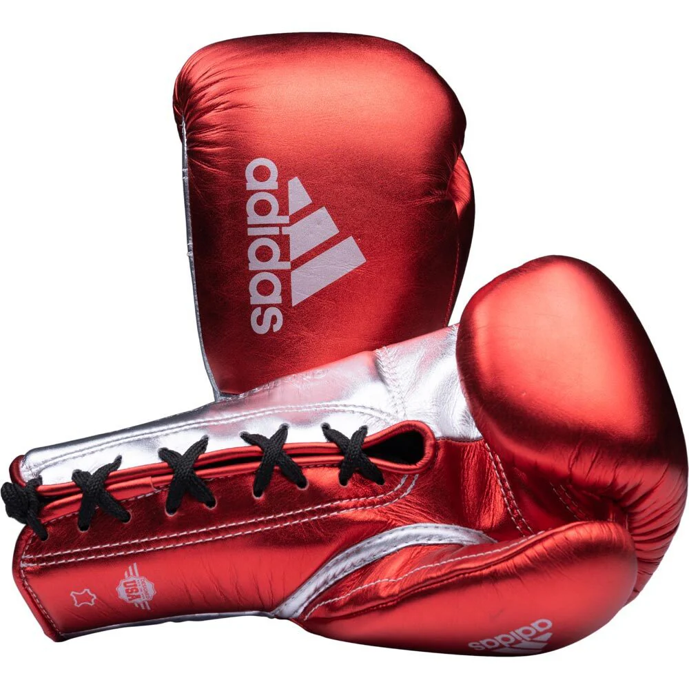 Adidas Adipower Pro Metallic Lace Up Boxing Gloves - Red Silver - Image 2