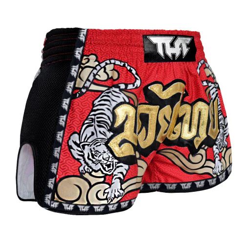TUFF Double Tiger Retro Muay Thai Shorts - Red - Image 2